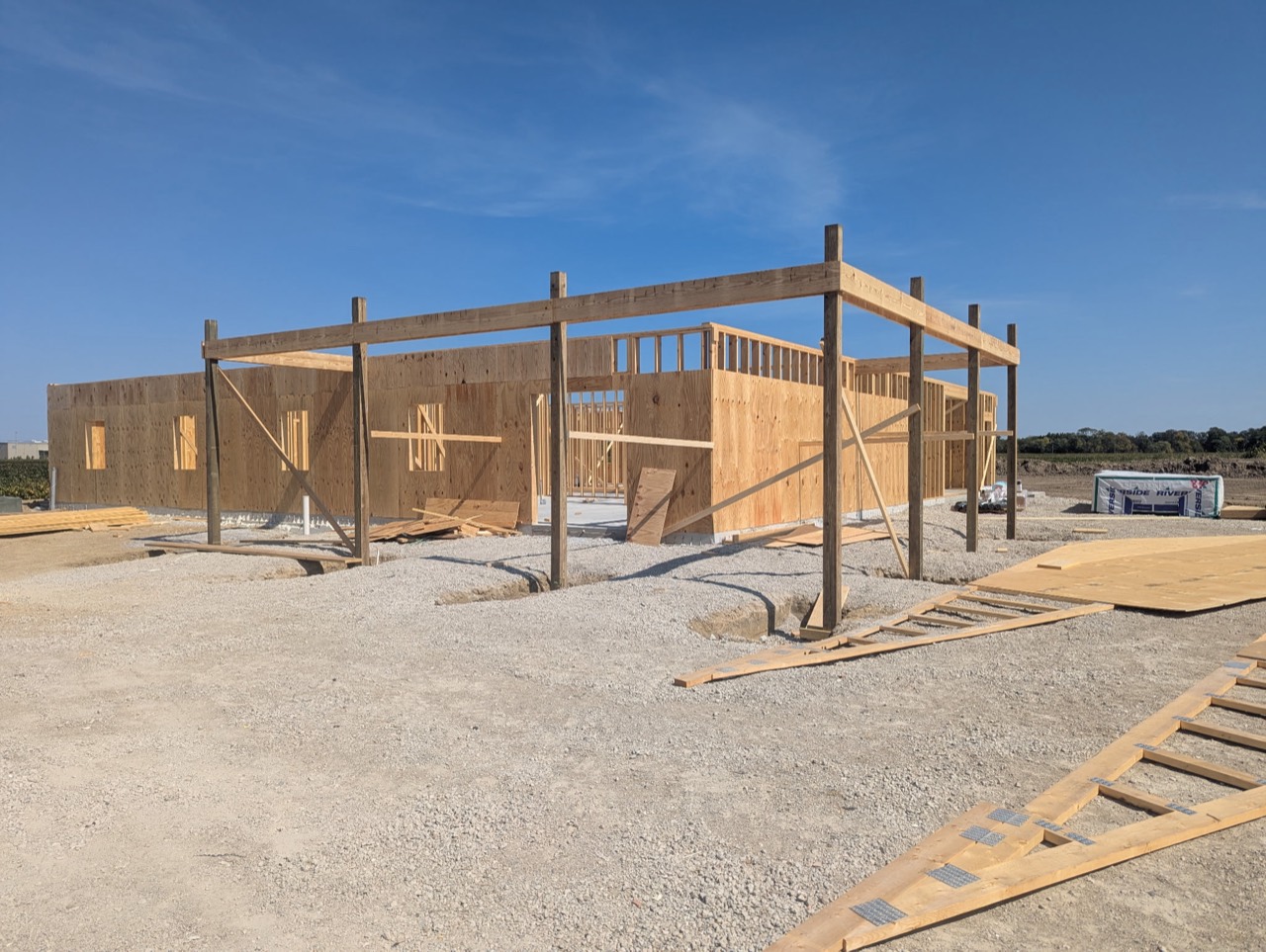 Building framing at a construction site